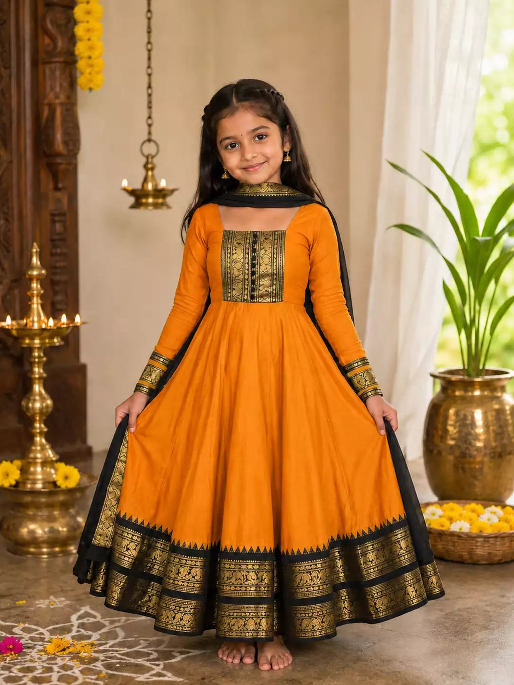Vichitra Silk Maxi Kurti with Jacquard Border Dupatta for Girl