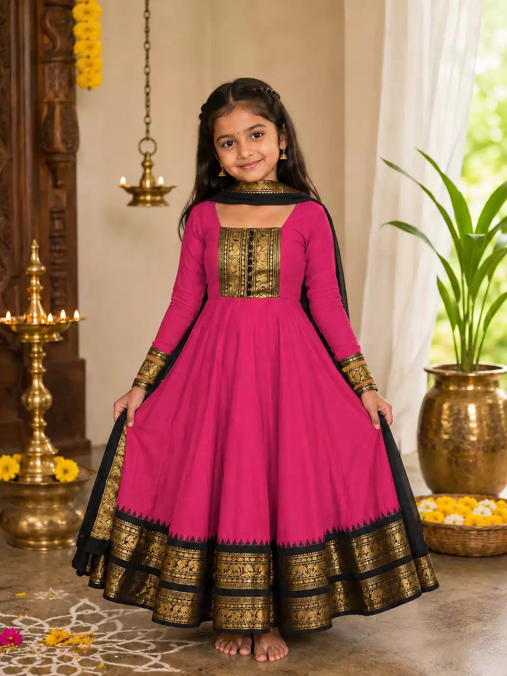 Vichitra Silk Maxi Kurti with Jacquard Border Dupatta for Girl