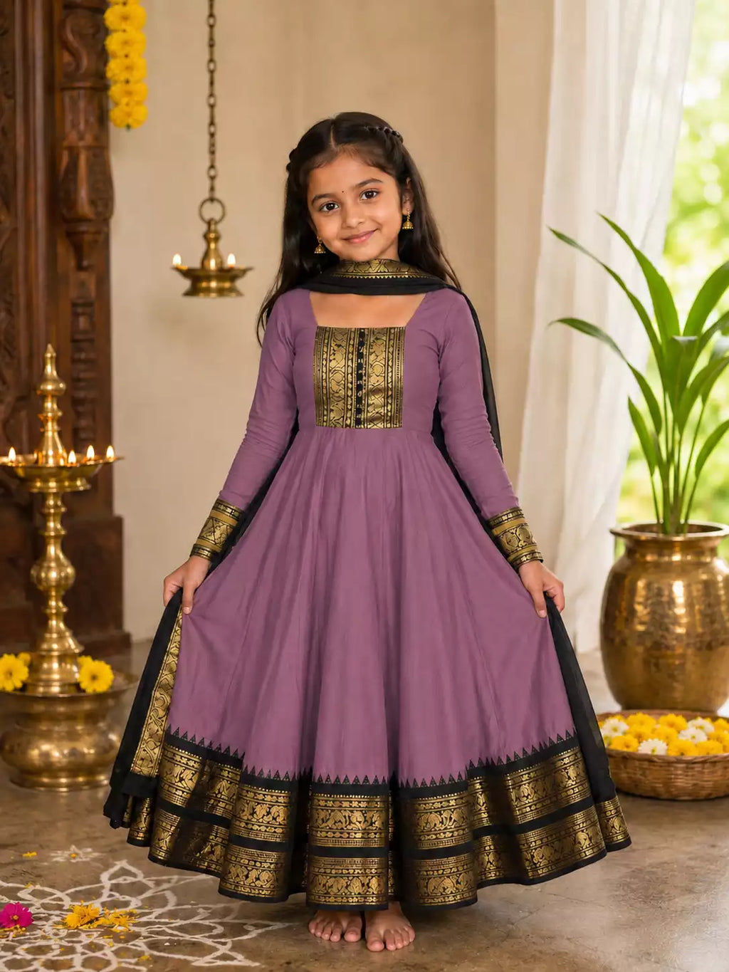 Vichitra Silk Maxi Kurti with Jacquard Border Dupatta for Girl