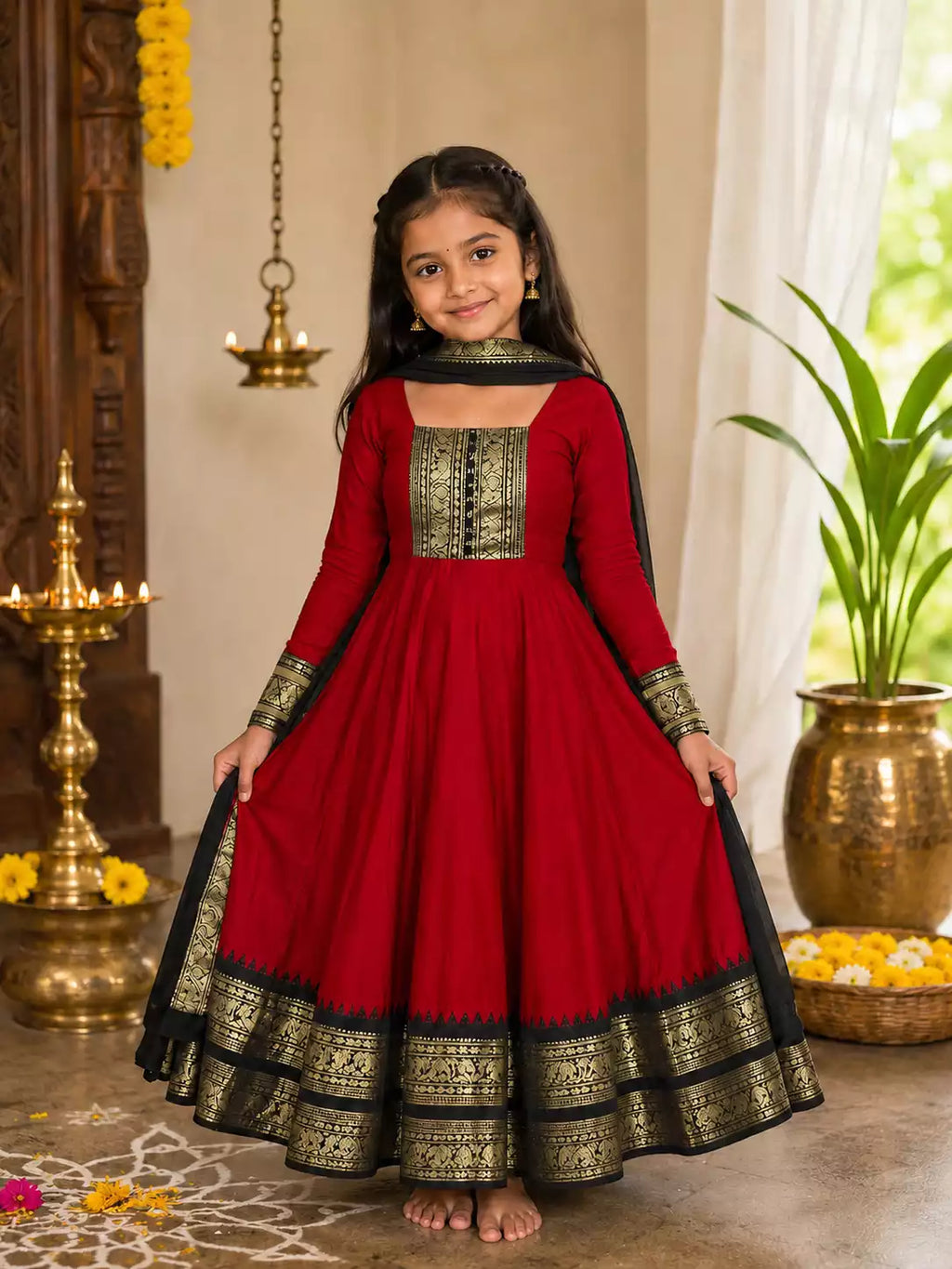 Vichitra Silk Maxi Kurti with Jacquard Border Dupatta for Girl