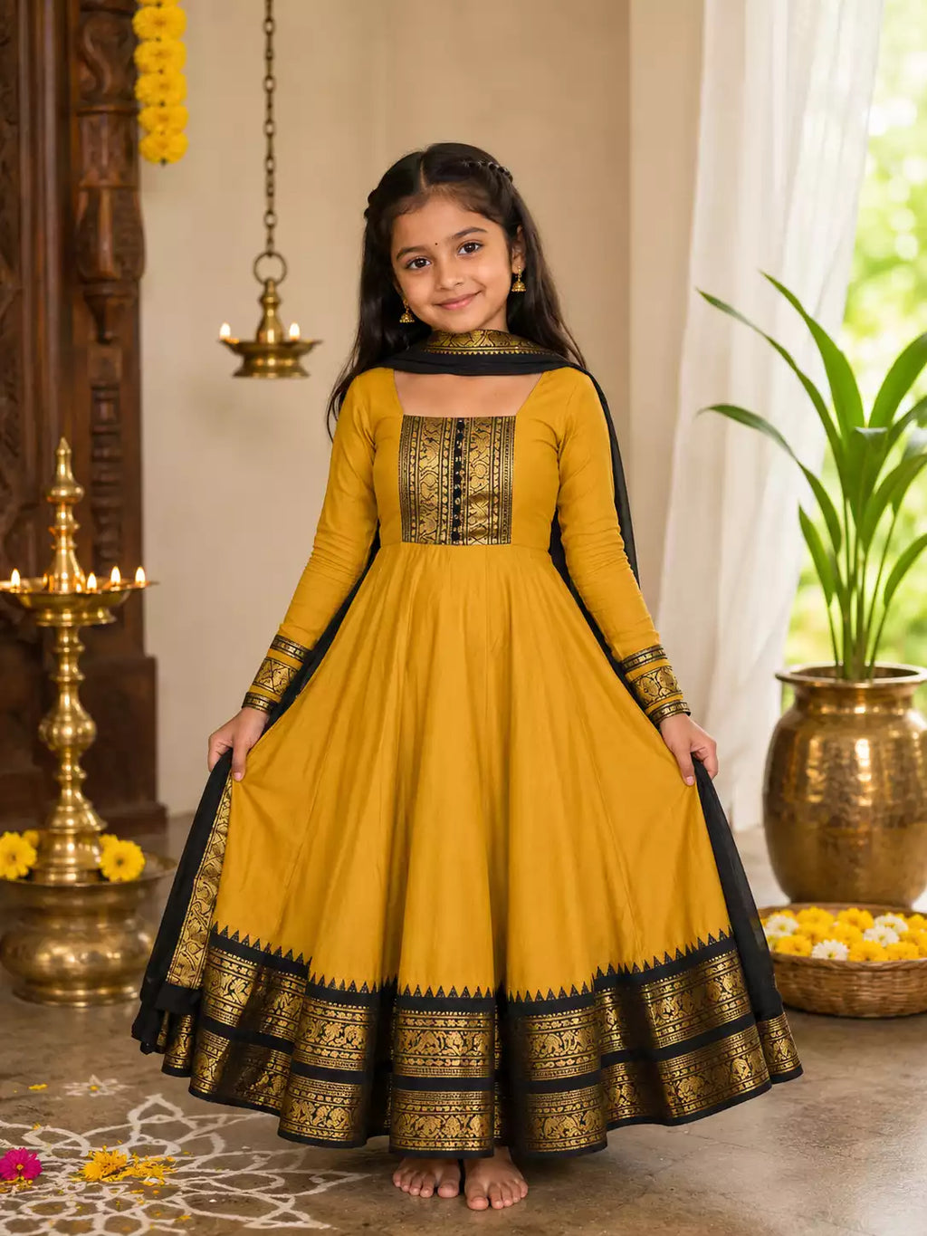 Vichitra Silk Maxi Kurti with Jacquard Border Dupatta for Girl