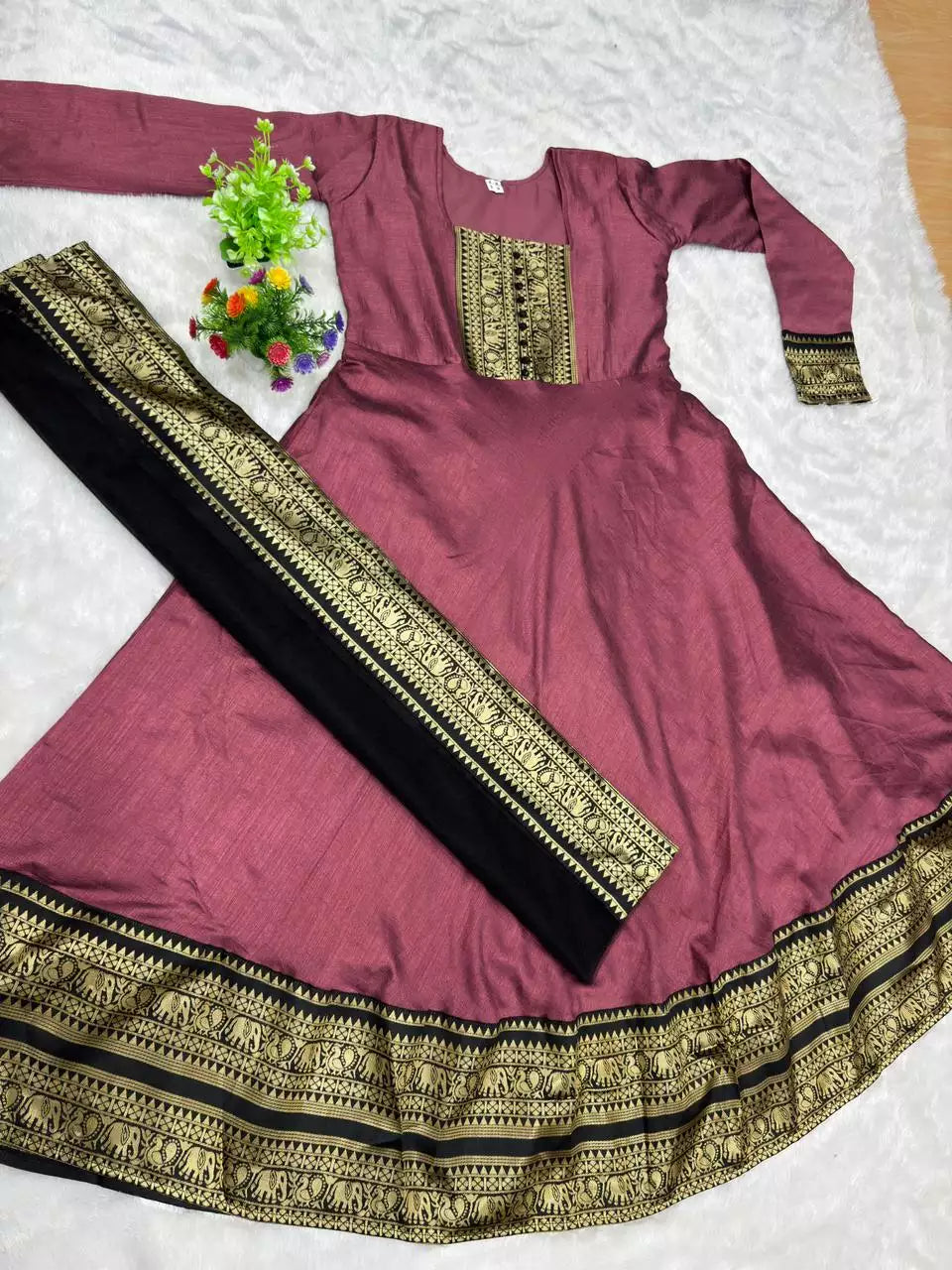 Purple Vichitra Silk Maxi Kurti with Jacquard Border Dupatta for Girl