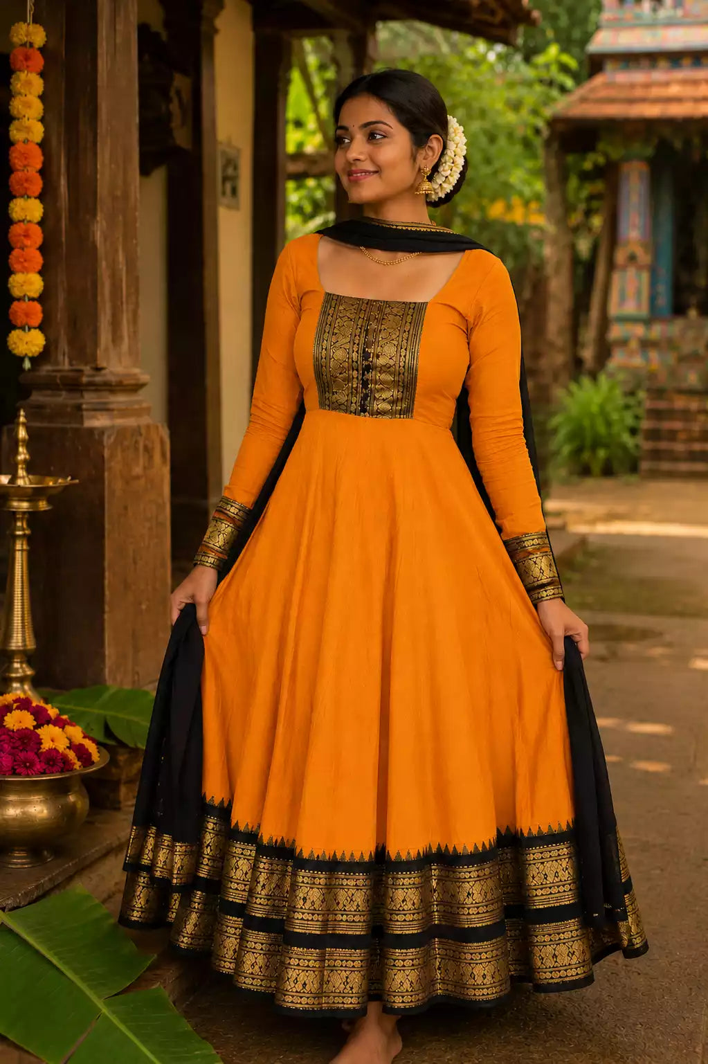 Orange Vichitra Maxi Kurti with Jacquard Border Dupatta