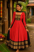 Red Vichitra Maxi Kurti with Jacquard Border Dupatta