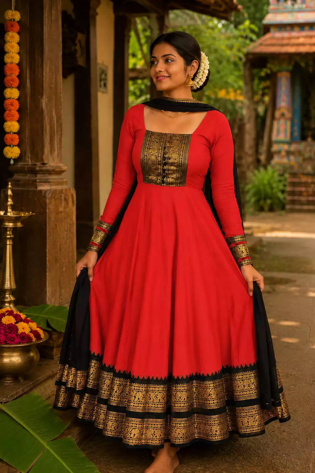 Red Vichitra Maxi Kurti with Jacquard Border Dupatta