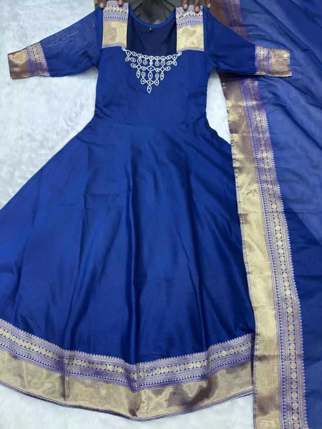 Jacquard Silk Embroidered Maxi Kurti with Dupatta