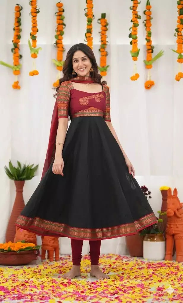 Jacquard Silk Embroidered Maxi Kurti with Dupatta
