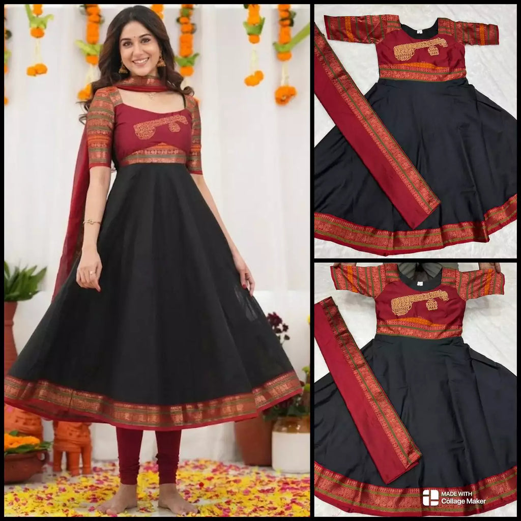 Jacquard Silk Embroidered Maxi Kurti with Dupatta