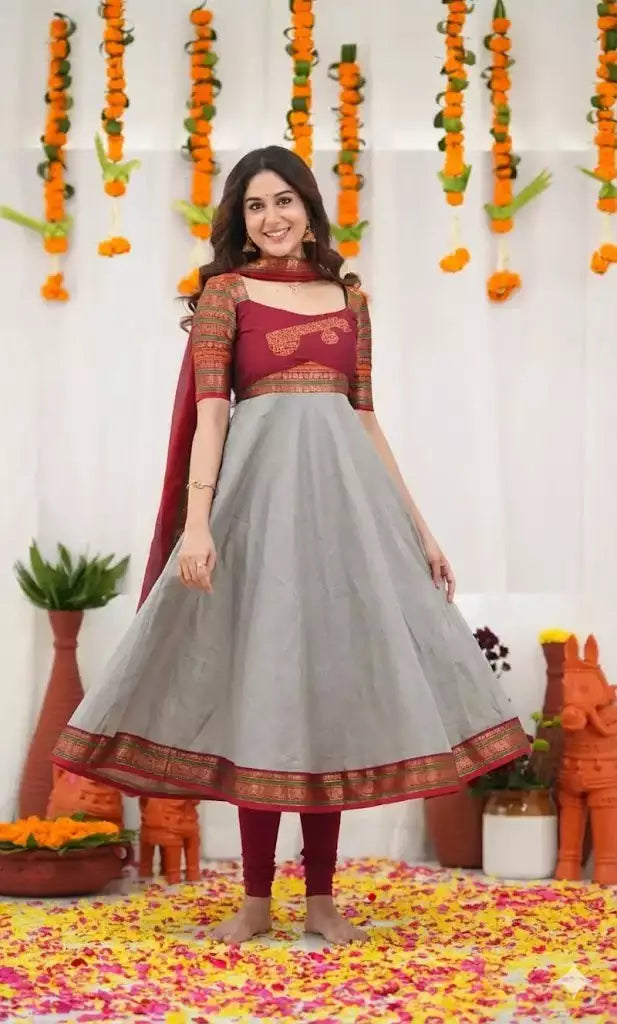Jacquard Silk Embroidered Maxi Kurti with Dupatta