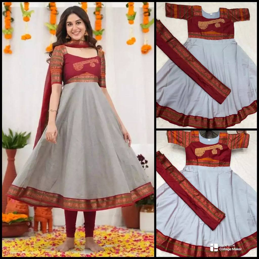 Jacquard Silk Embroidered Maxi Kurti with Dupatta