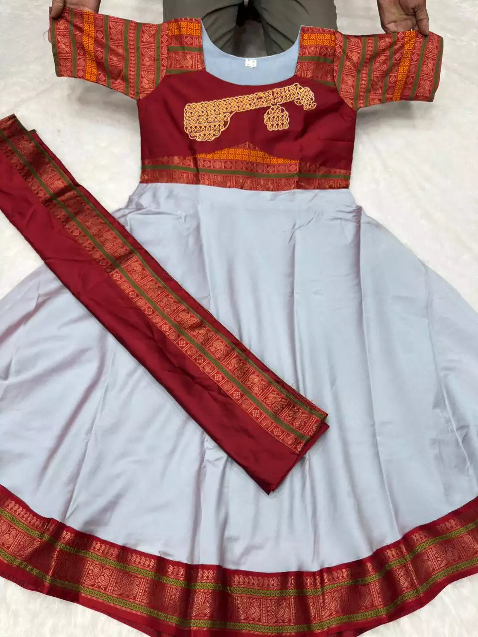 Jacquard Silk Embroidered Maxi Kurti with Dupatta