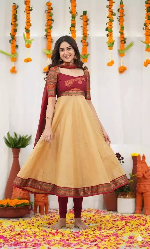 Jacquard Silk Embroidered Maxi Kurti with Dupatta