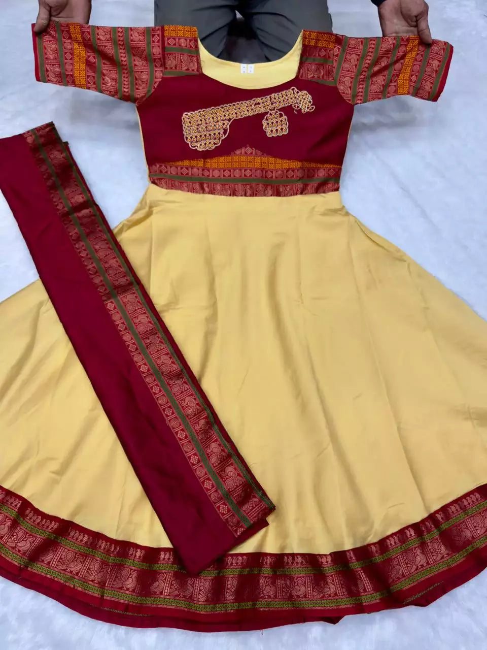 Jacquard Silk Embroidered Maxi Kurti with Dupatta