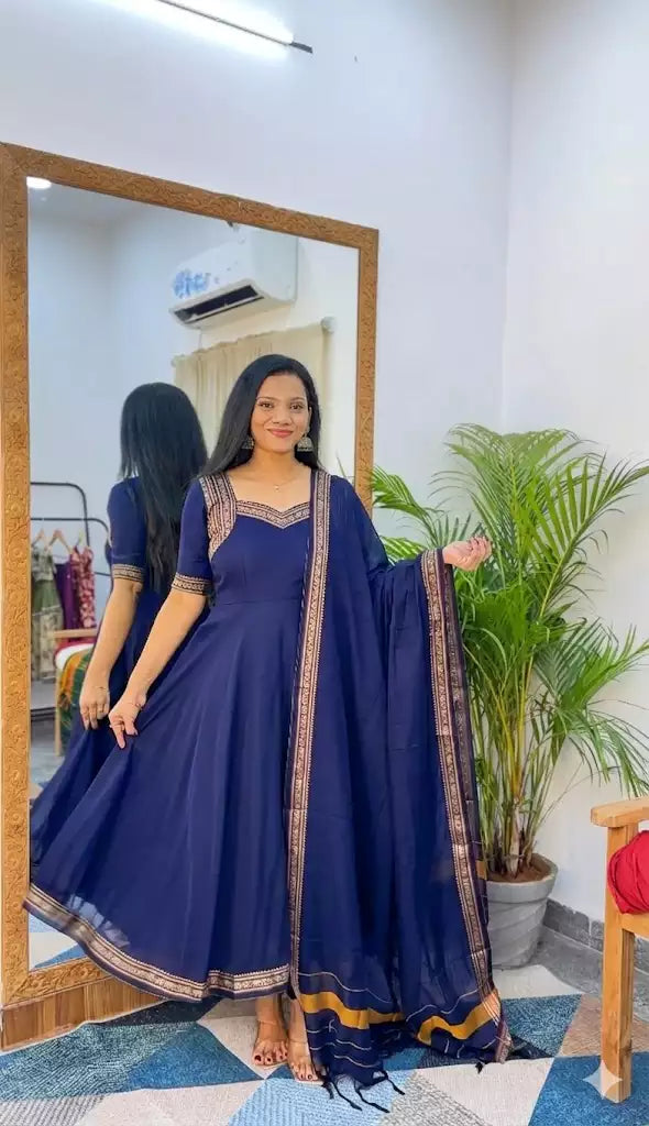 Cotton Jacquard Lace Maxi Kurti with Dupatta