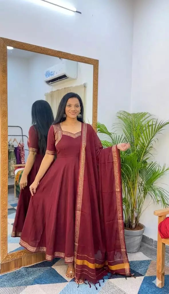 Cotton Jacquard Lace Maxi Kurti with Dupatta