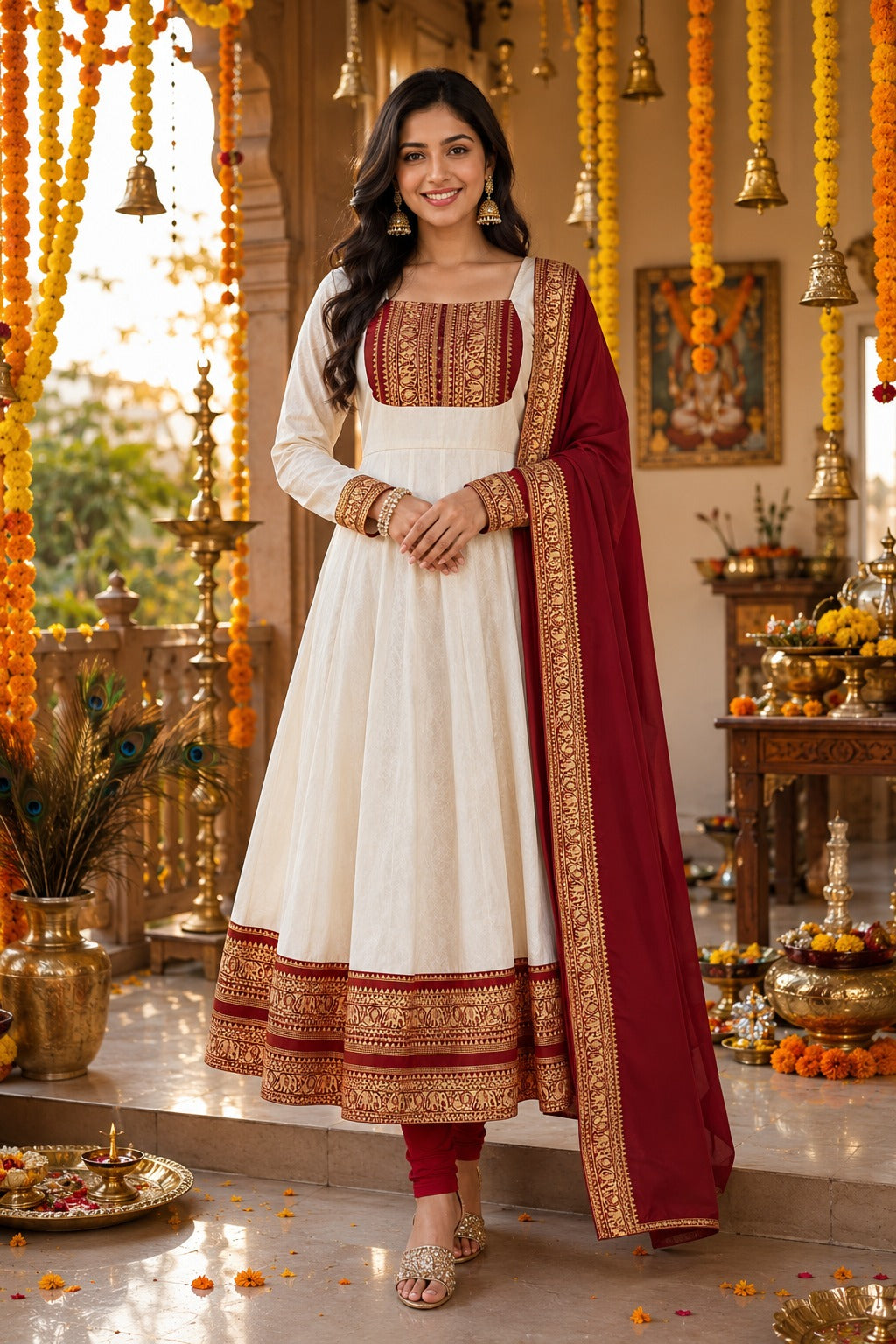 Cotton Chanderi Maxi Kurti with Jacquard Border Dupatta