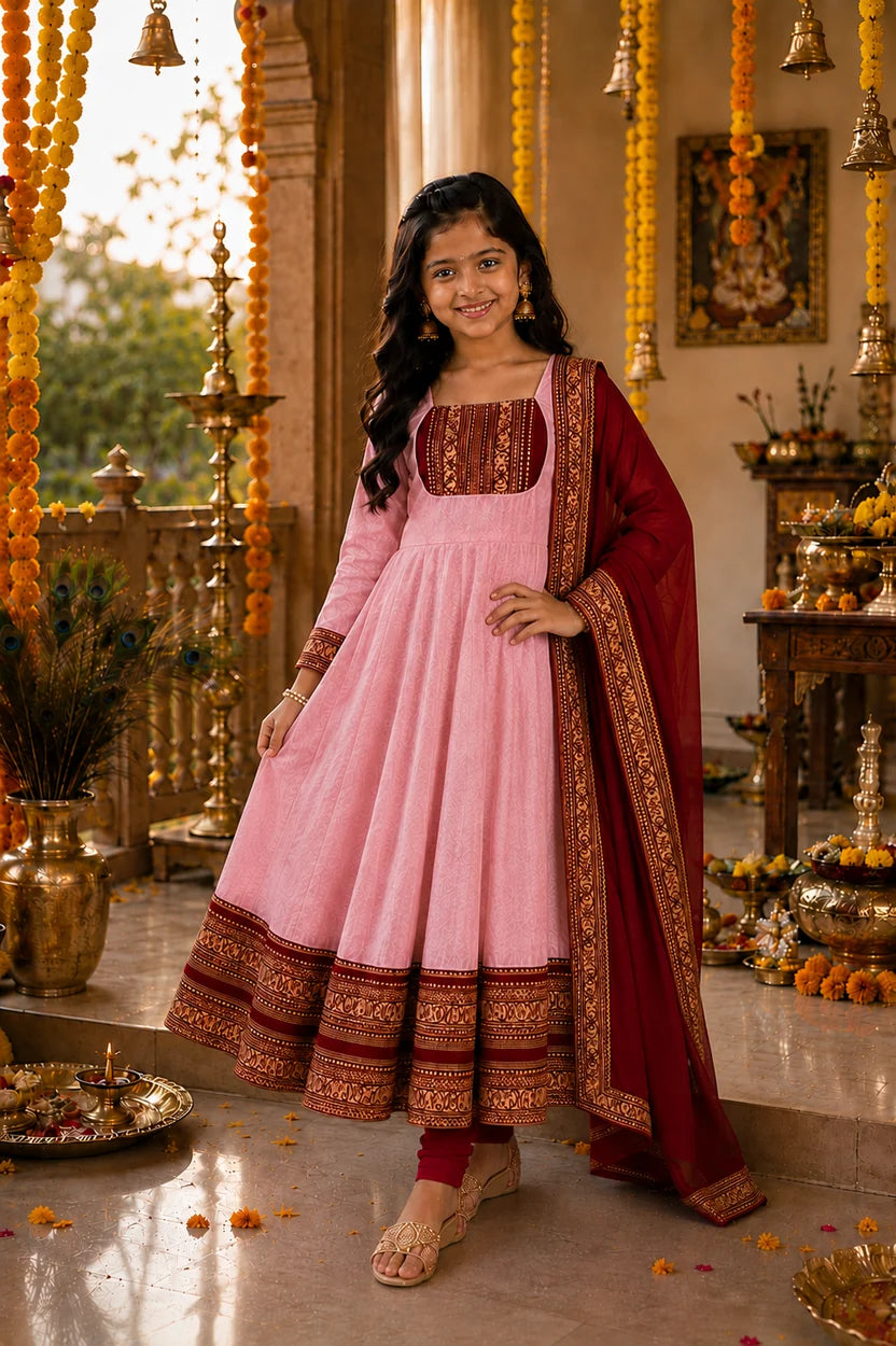 Cotton Blend Chanderi Maxi Kurti with Jacquard Border Dupatta for Girl