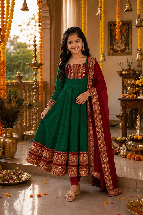 Cotton Blend Chanderi Maxi Kurti with Jacquard Border Dupatta for Girl