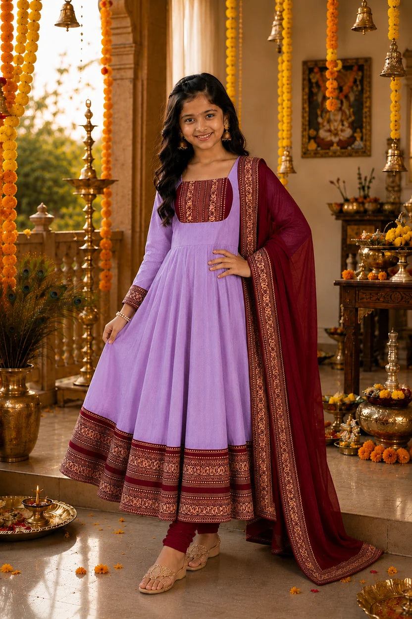 Cotton Blend Chanderi Maxi Kurti with Jacquard Border Dupatta for Girl