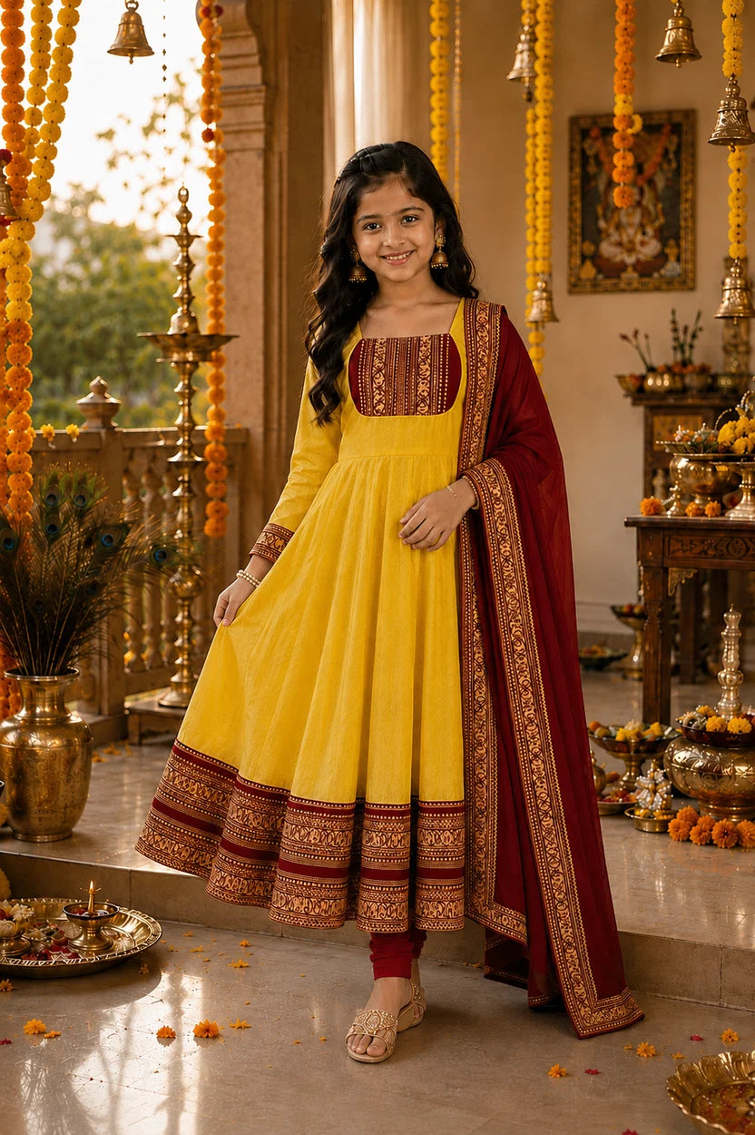 Cotton Blend Chanderi Maxi Kurti with Jacquard Border Dupatta for Girl