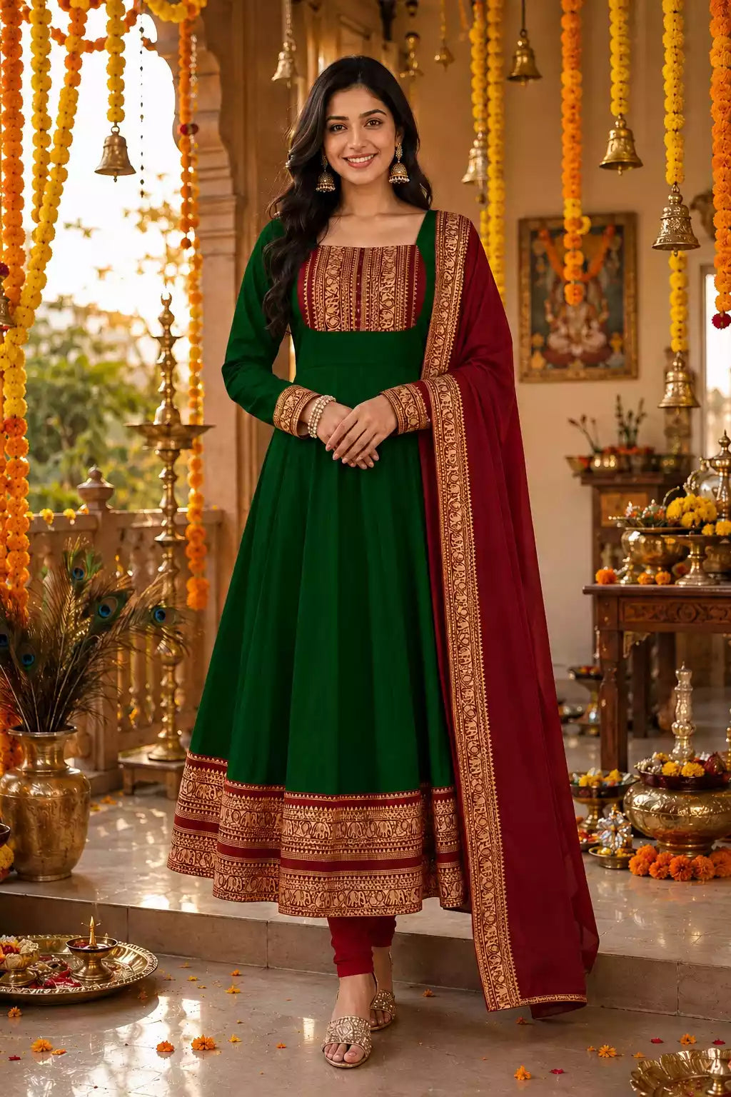 Cotton Chanderi Maxi Kurti with Jacquard Border Dupatta