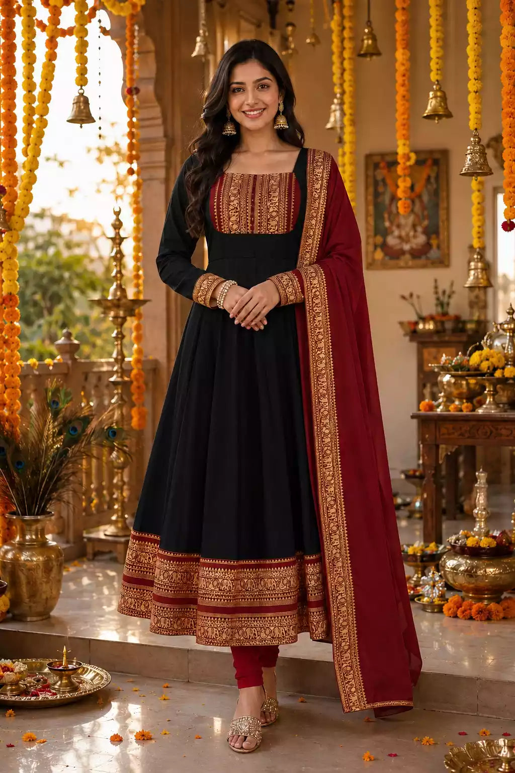 Cotton Chanderi Maxi Kurti with Jacquard Border Dupatta