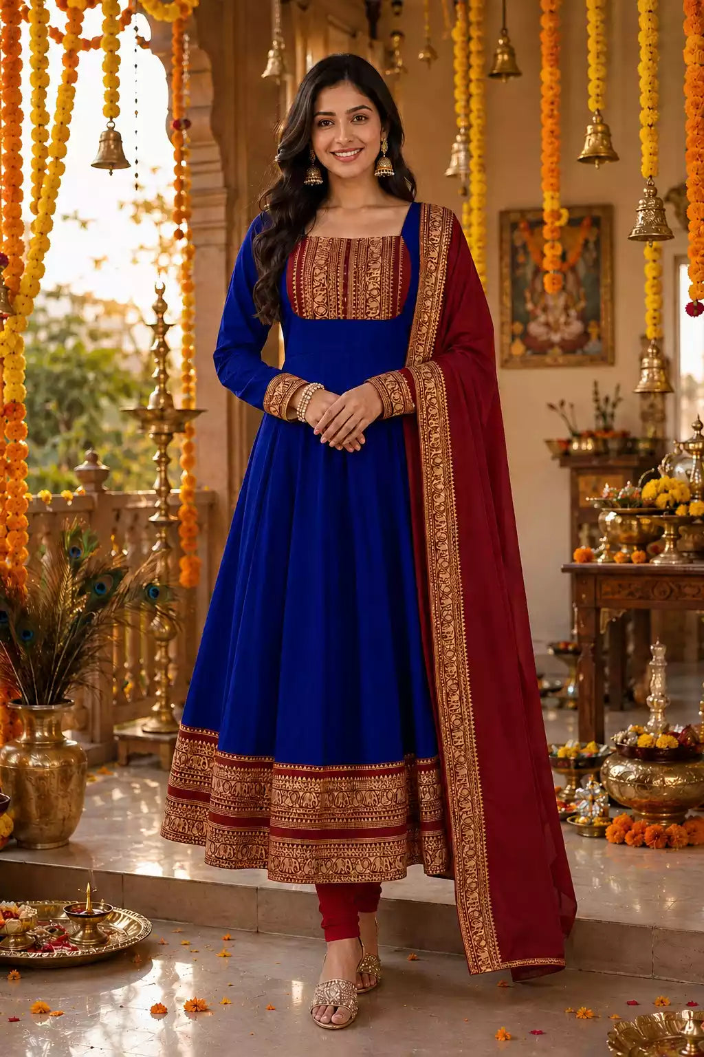 Cotton Chanderi Maxi Kurti with Jacquard Border Dupatta