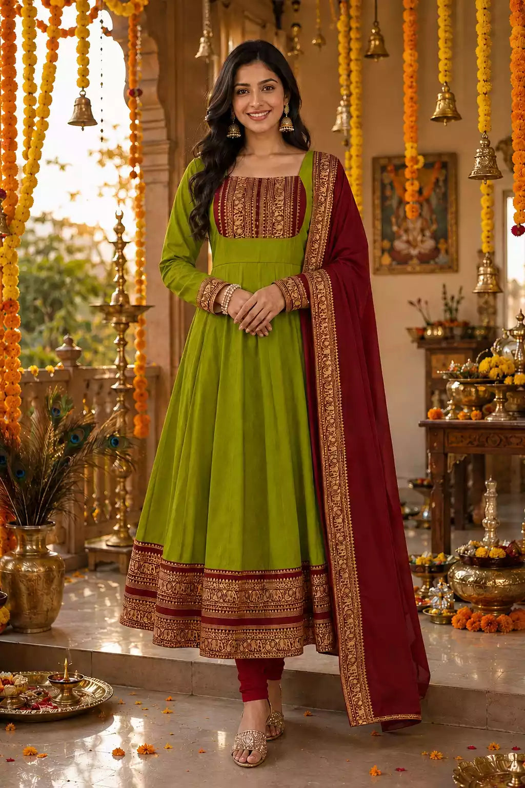 Cotton Chanderi Maxi Kurti with Jacquard Border Dupatta