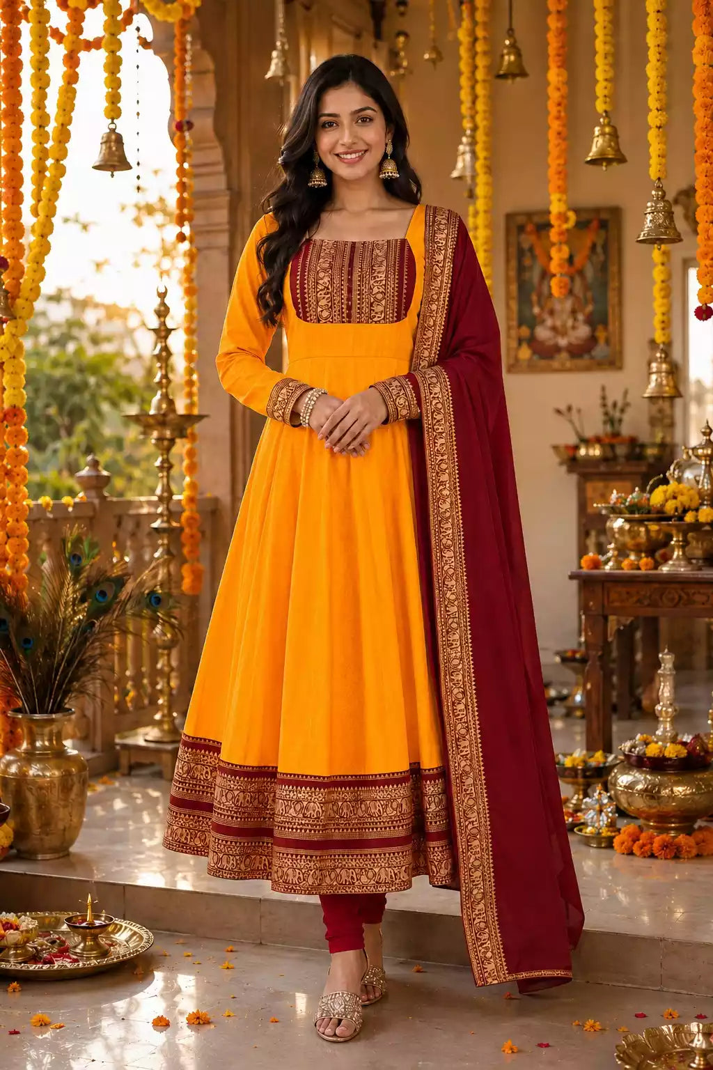 Cotton Chanderi Maxi Kurti with Jacquard Border Dupatta