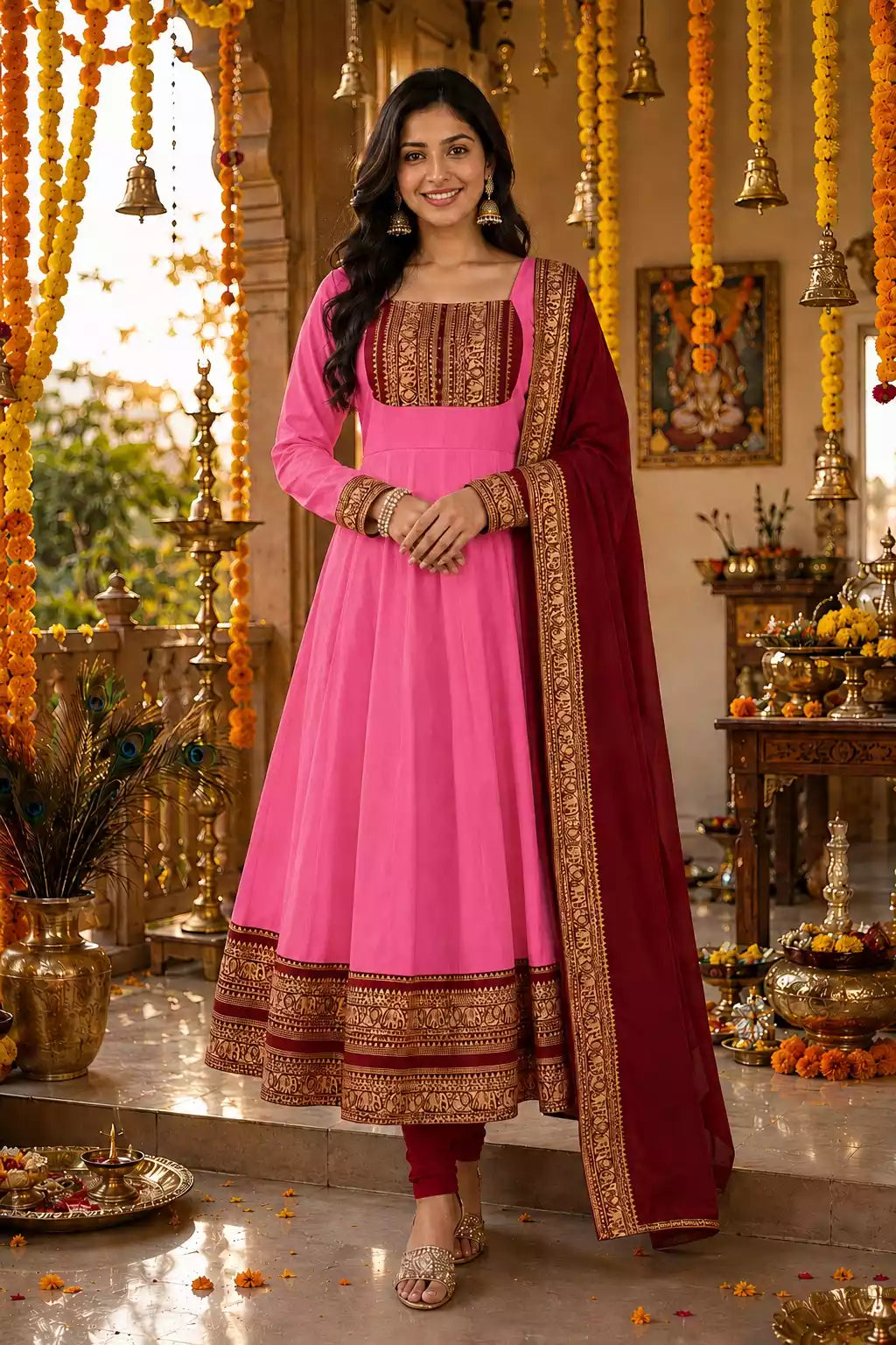 Cotton Chanderi Maxi Kurti with Jacquard Border Dupatta