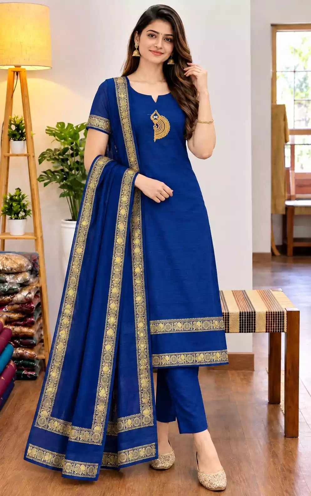 Chettinad Cotton Vel Symbol Embroidered Kurti with Dupatta