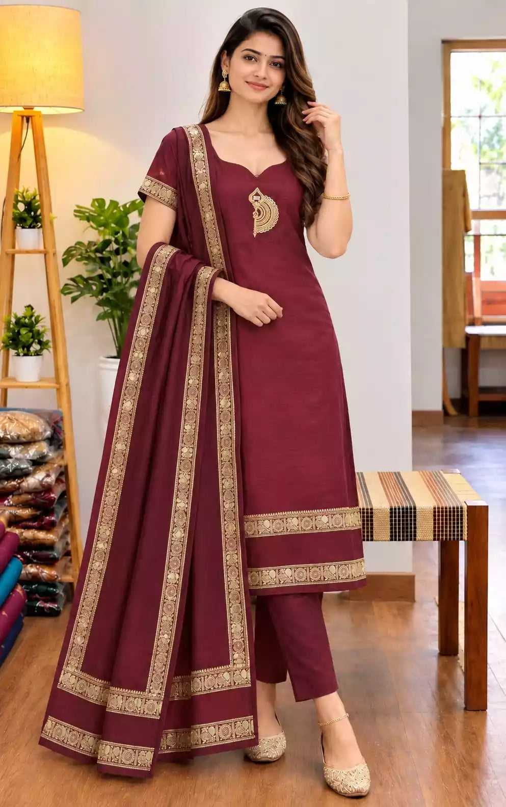 Chettinad Cotton Vel Symbol Embroidered Kurti with Dupatta