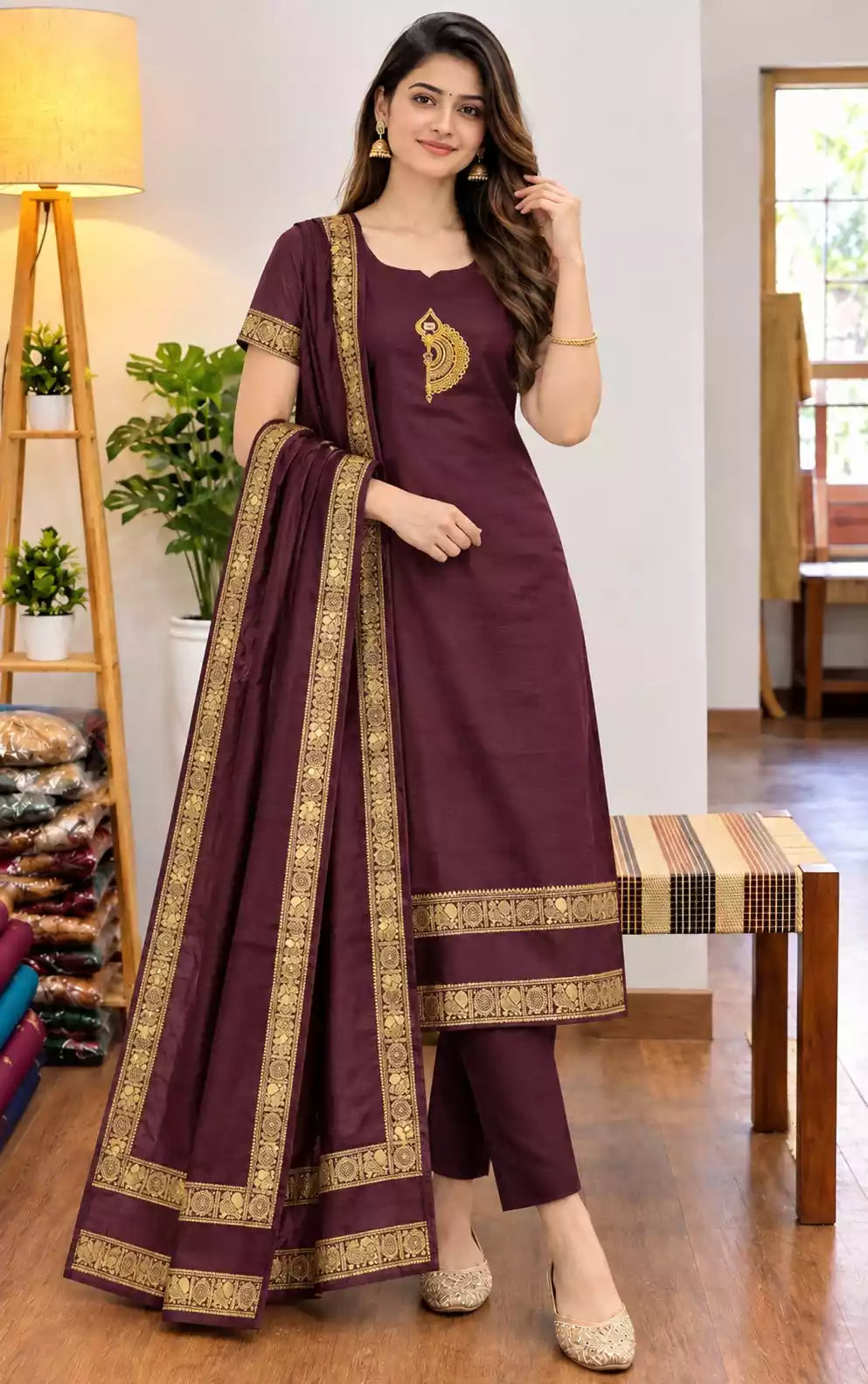 Chettinad Cotton Vel Symbol Embroidered Kurti with Dupatta