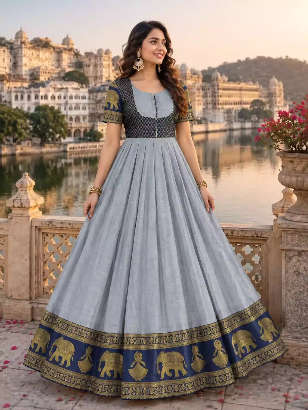 Cotton Blend Jacket Style Anarkali Gown with Traditional Border