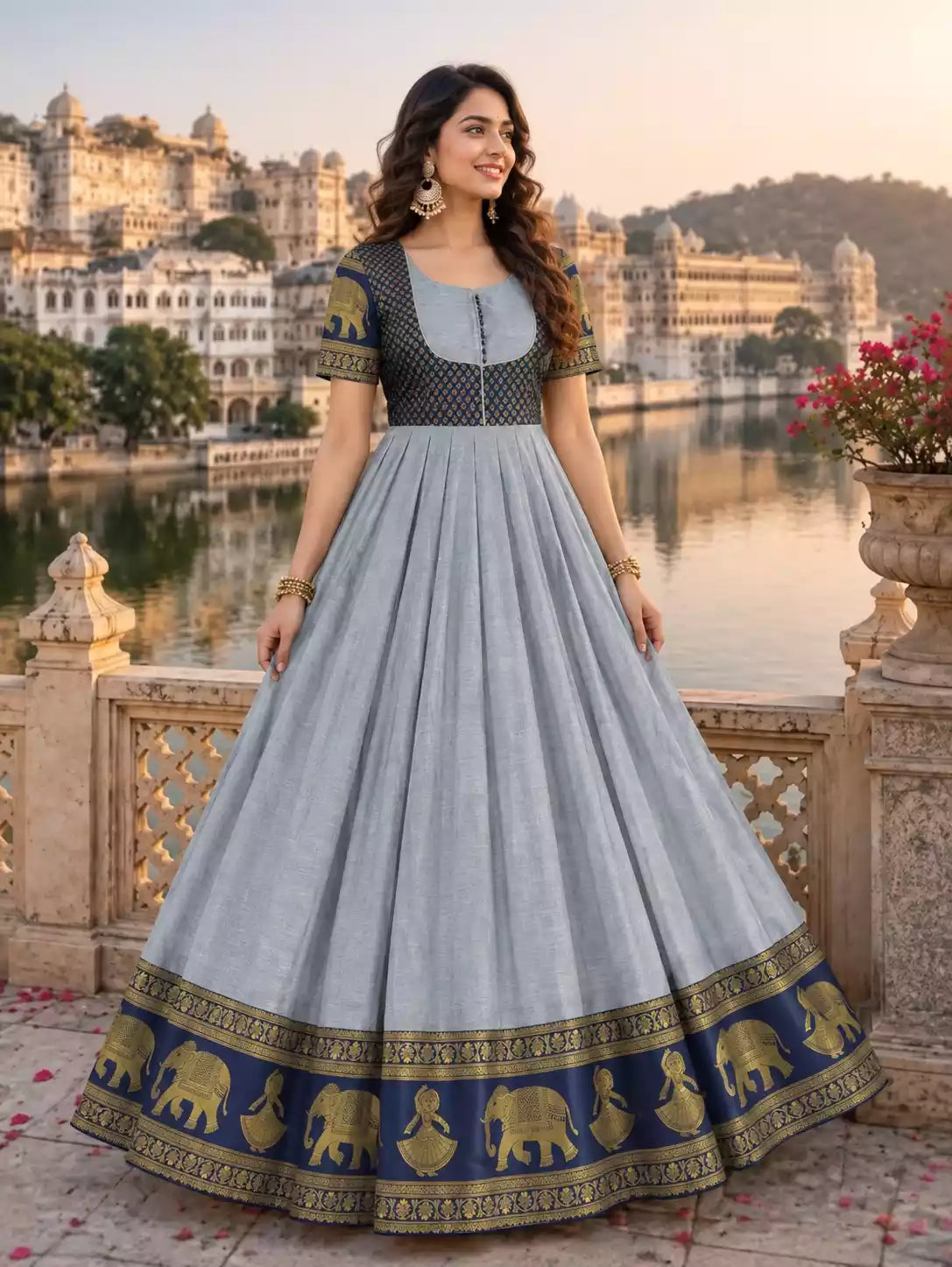 Cotton Blend Jacket Style Anarkali Gown with Traditional Border