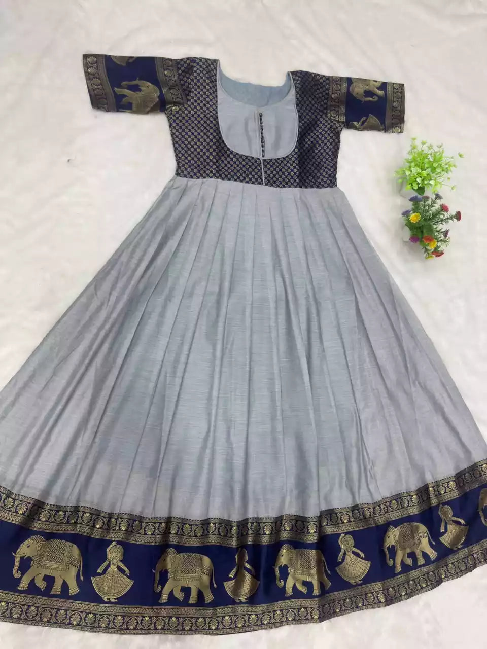 Cotton Blend Jacket Style Anarkali Gown with Traditional Border