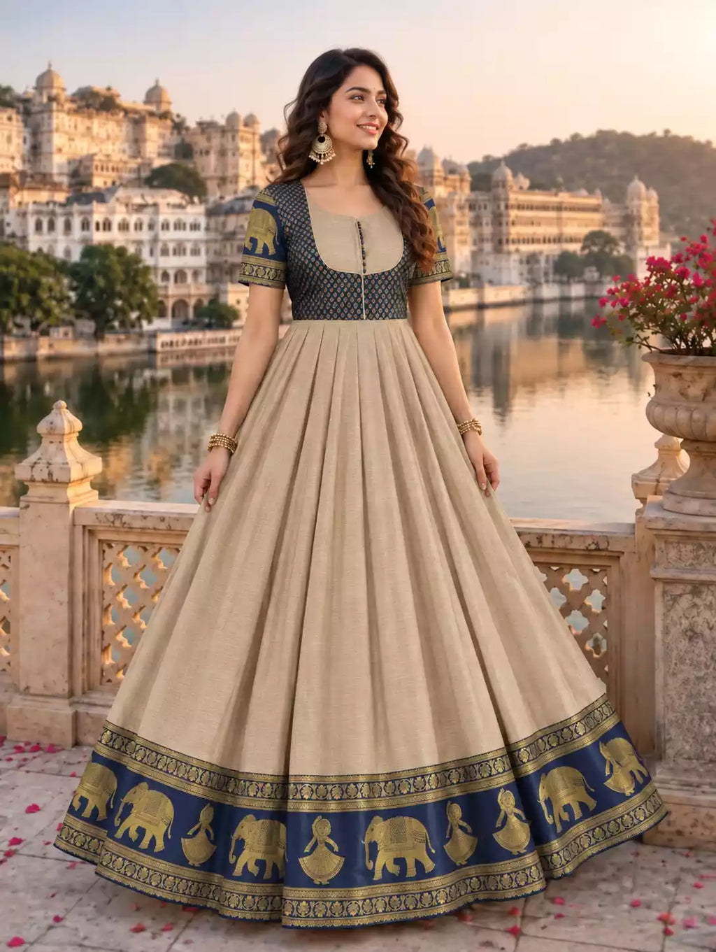 Cotton Blend Jacket Style Anarkali Gown with Traditional Border
