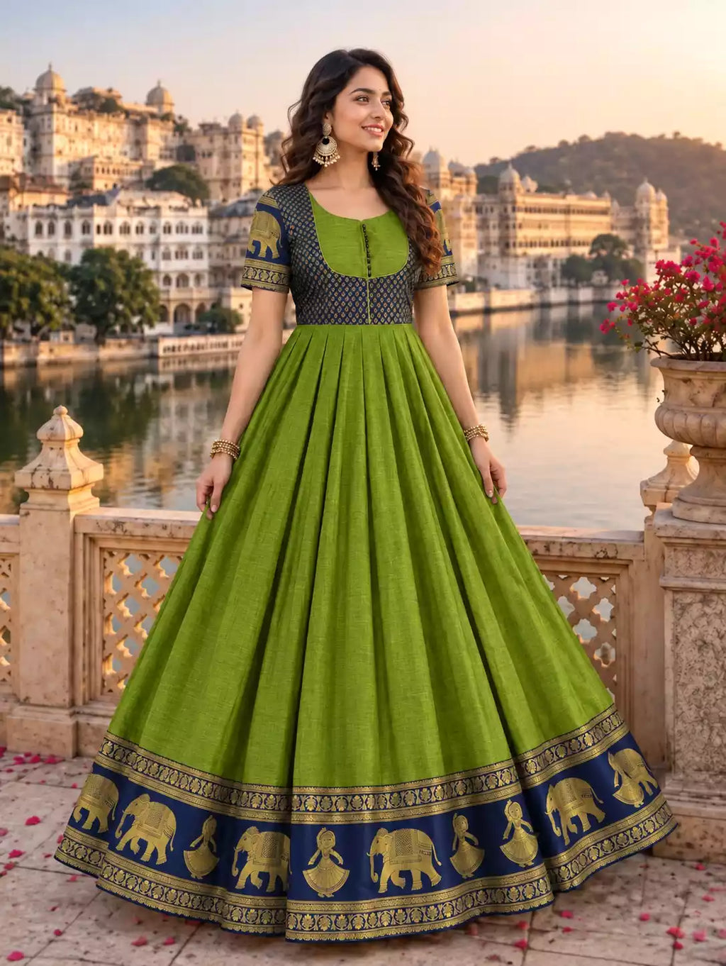 Cotton Blend Jacket Style Anarkali Gown with Traditional Border
