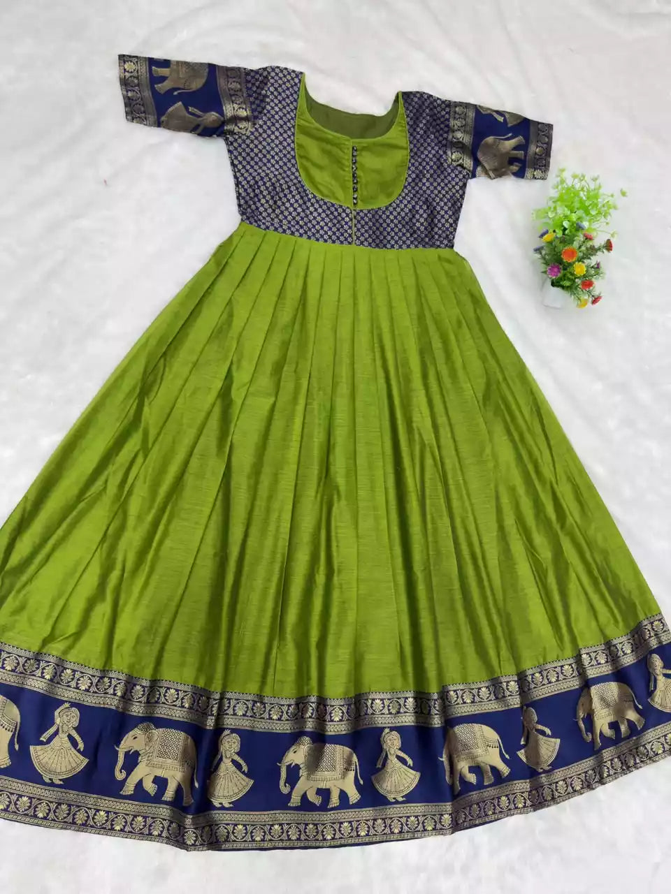 Cotton Blend Jacket Style Anarkali Gown with Traditional Border