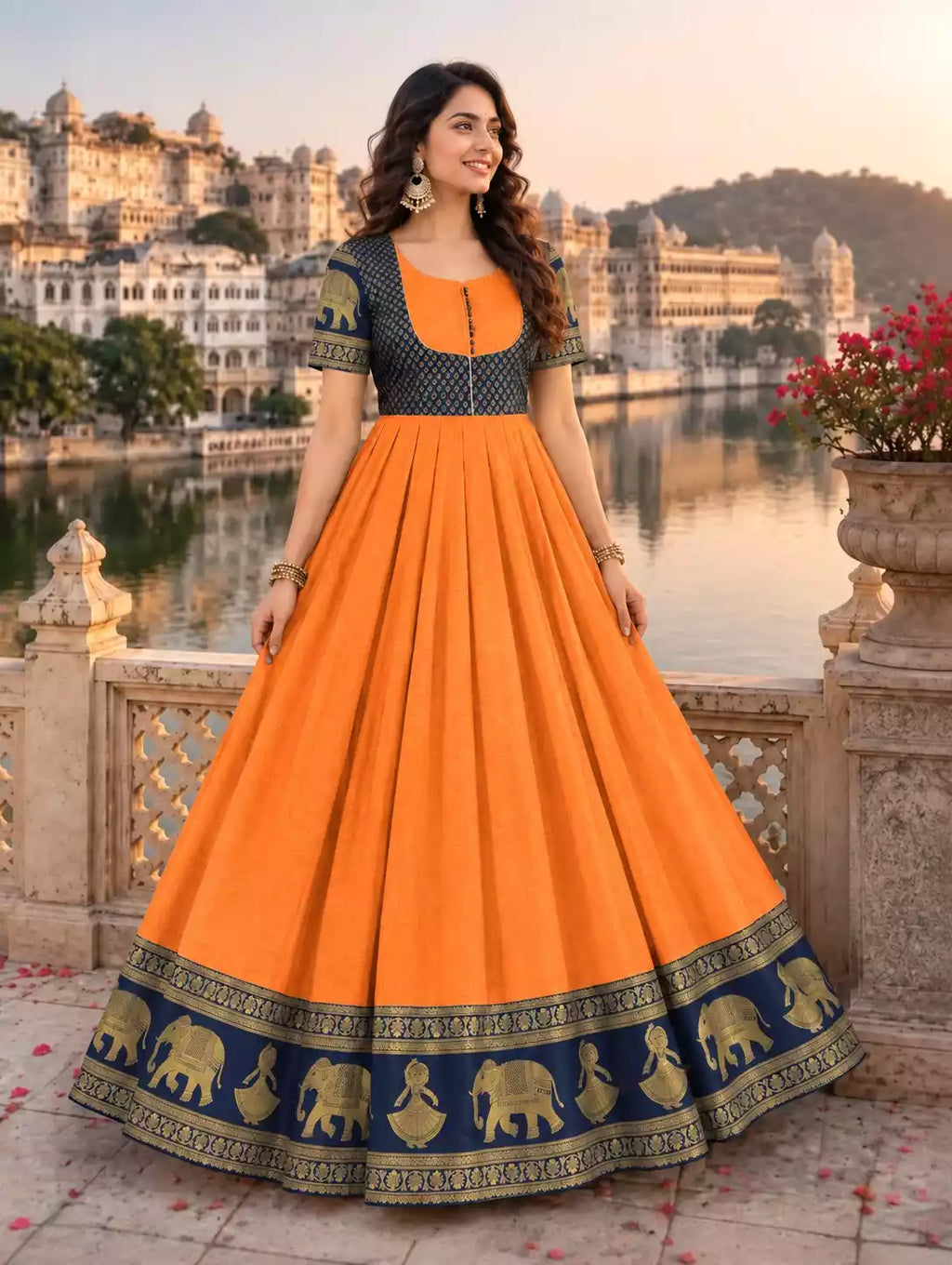 Cotton Blend Jacket Style Anarkali Gown with Traditional Border