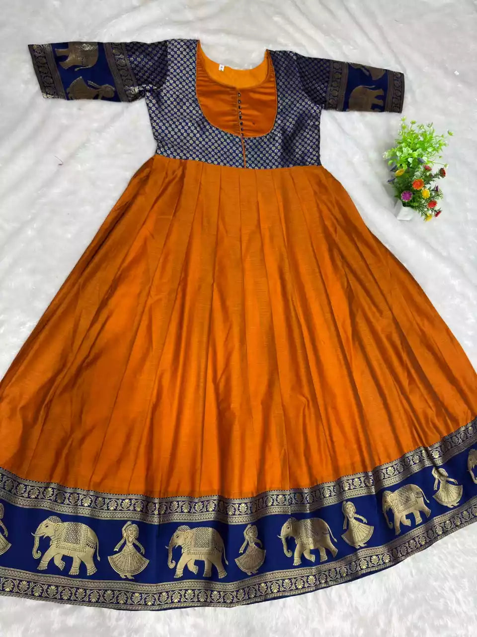 Cotton Blend Jacket Style Anarkali Gown with Traditional Border