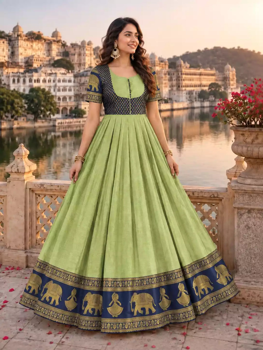 Cotton Blend Jacket Style Anarkali Gown with Traditional Border