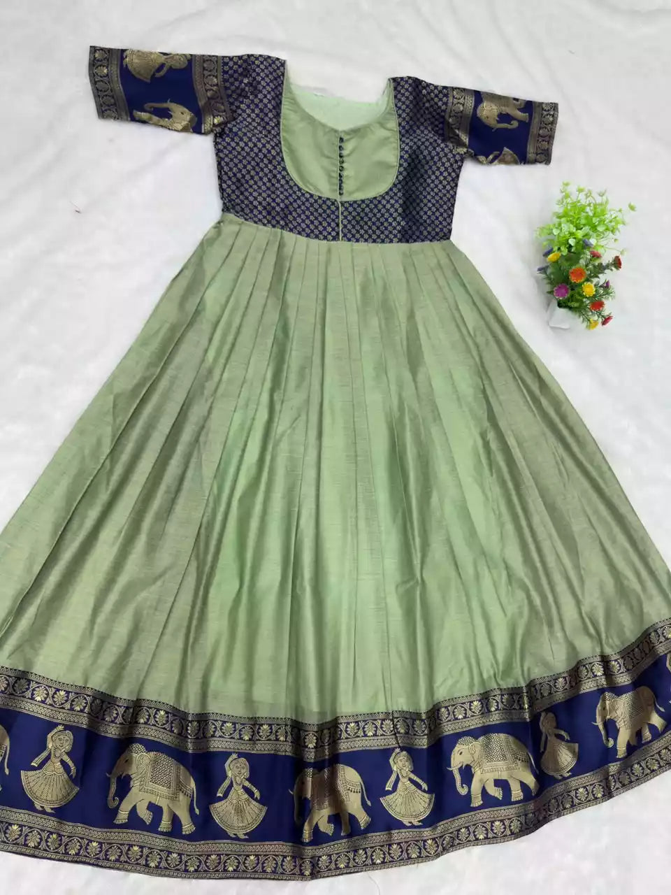 Cotton Blend Jacket Style Anarkali Gown with Traditional Border