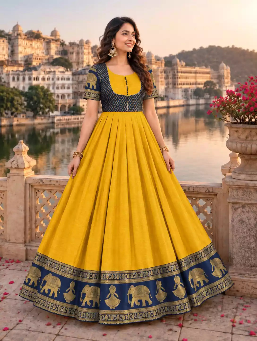 Cotton Blend Jacket Style Anarkali Gown with Traditional Border