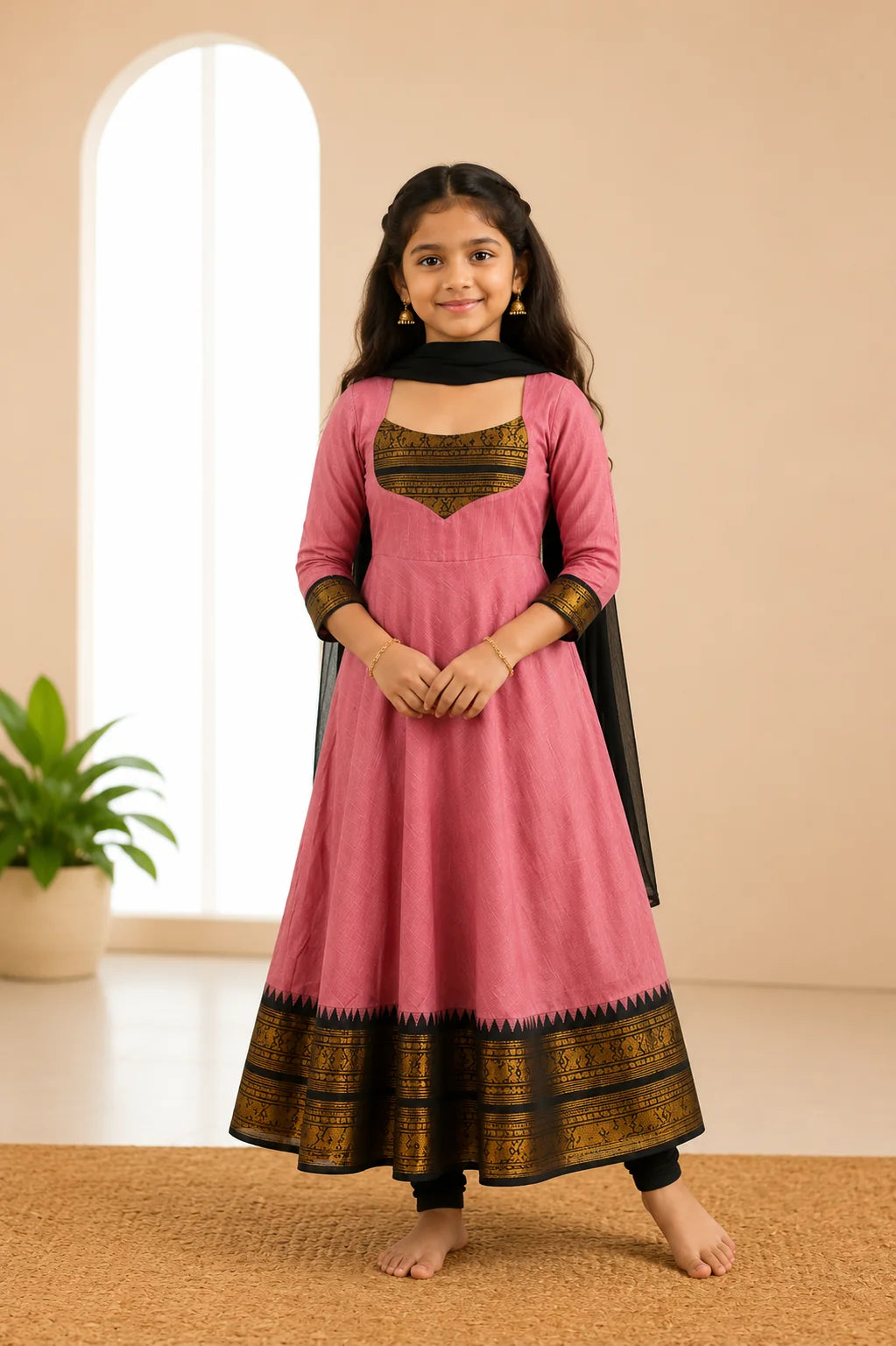 Silk Maxi Kurti with Georgette Jacquard Border Dupatta for Girl