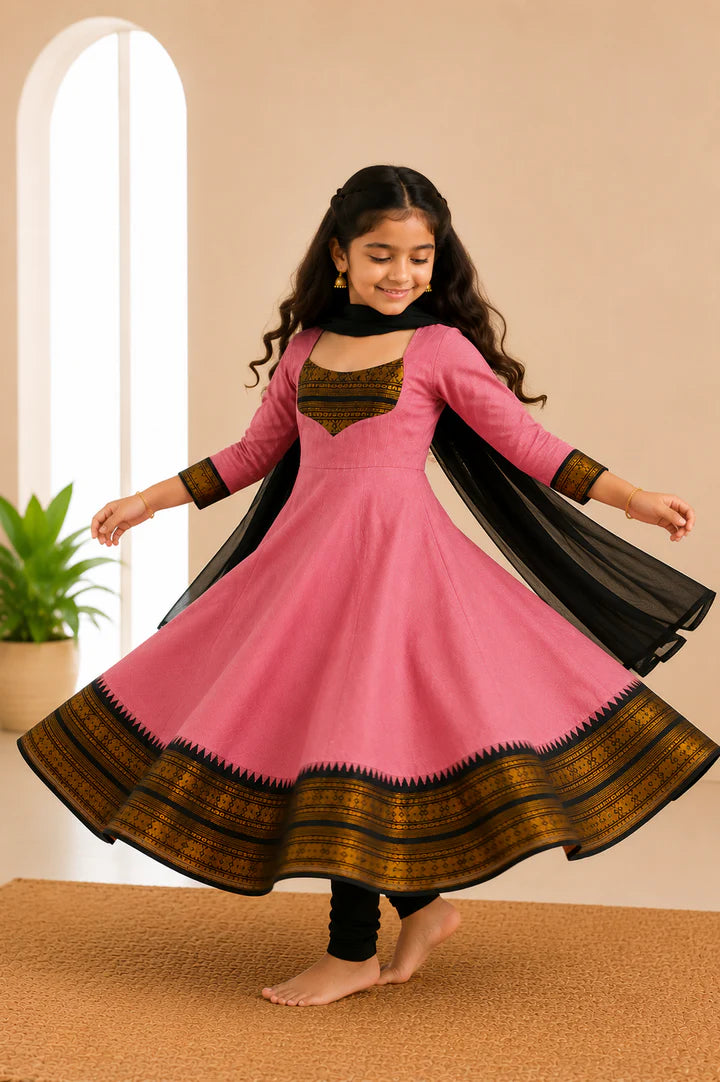 Silk Maxi Kurti with Georgette Jacquard Border Dupatta for Girl