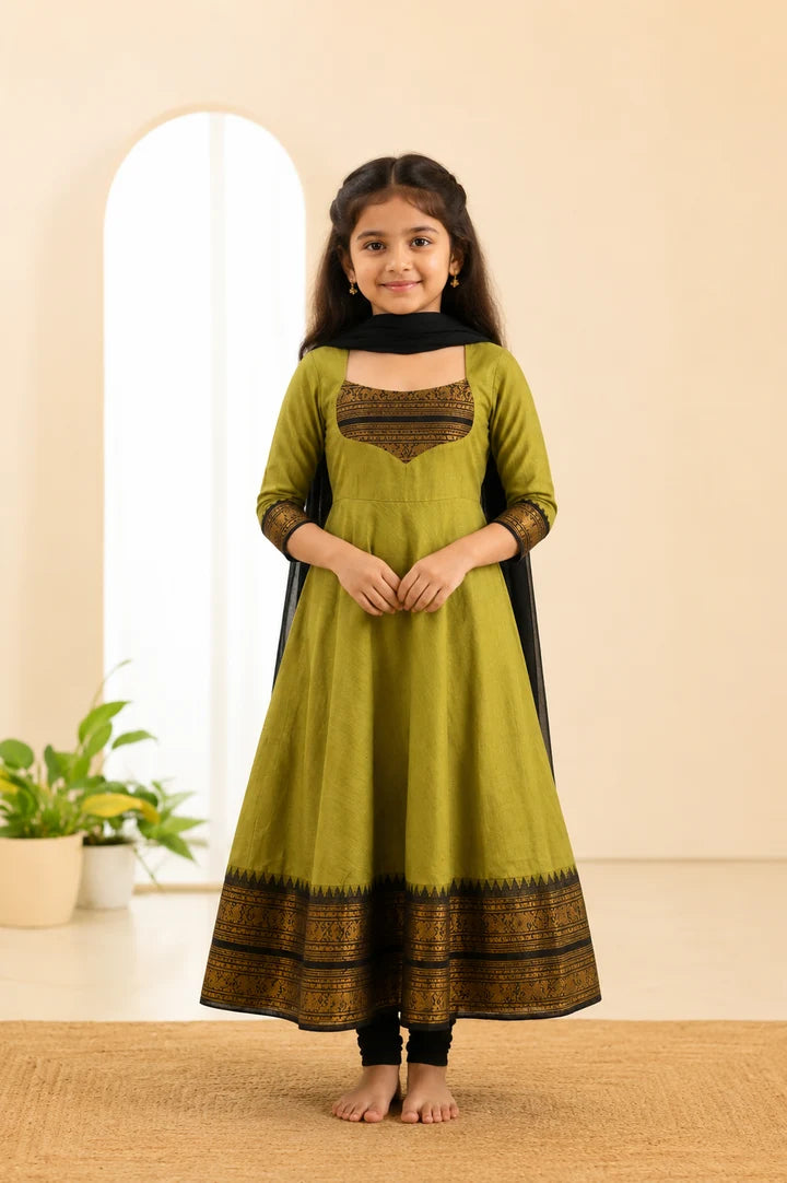 Silk Maxi Kurti with Georgette Jacquard Border Dupatta for Girl