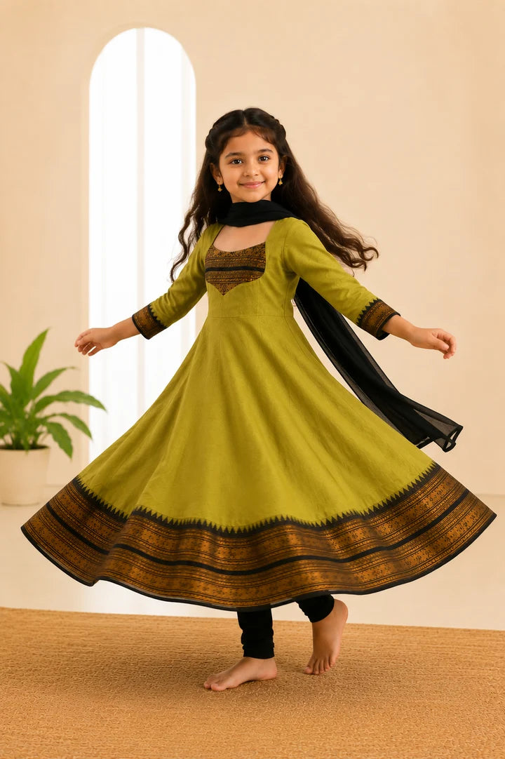 Silk Maxi Kurti with Georgette Jacquard Border Dupatta for Girl