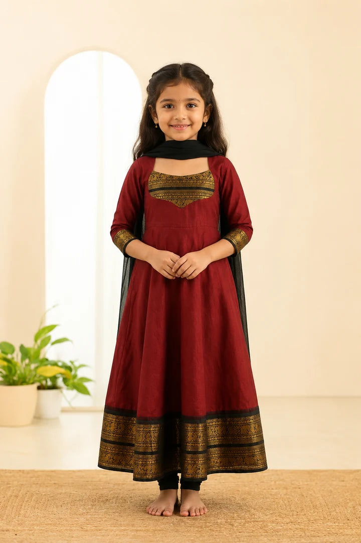 Silk Maxi Kurti with Georgette Jacquard Border Dupatta for Girl
