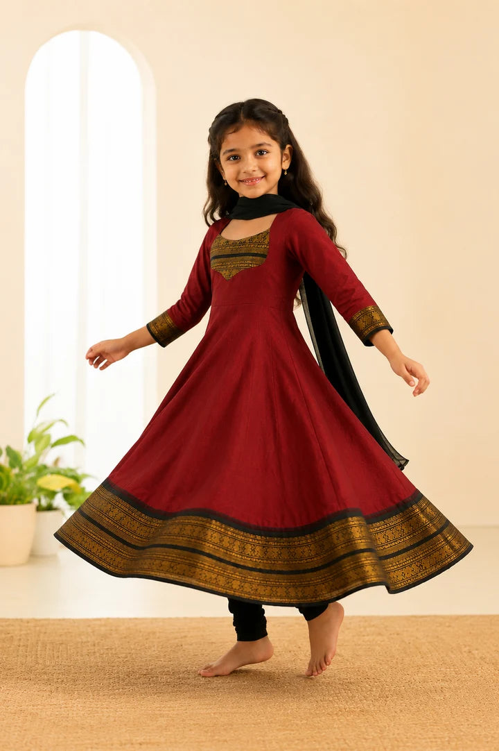 Silk Maxi Kurti with Georgette Jacquard Border Dupatta for Girl